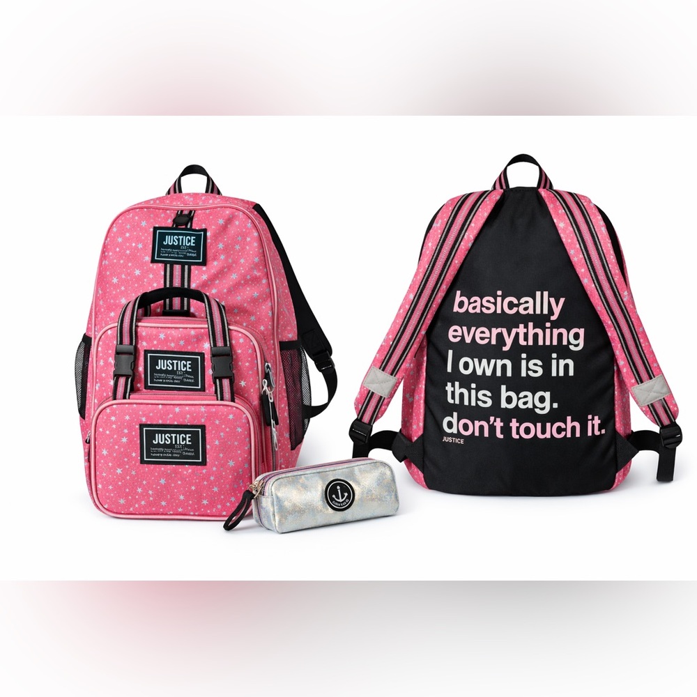 Justice 3 piece backpack set w/lunchbox and glitter pencil bag